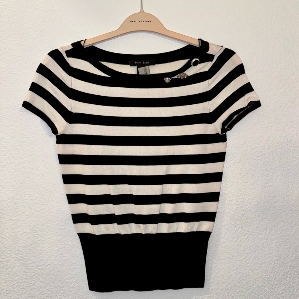 WHBM White House Black Market Striped Embellished Short Sleeve Top XS